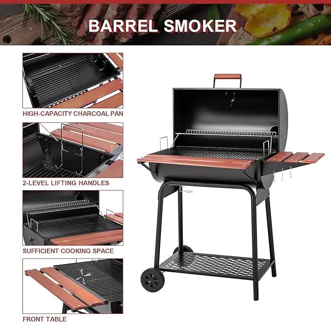 Royal Gourmet CC1830V 30 Barrel Charcoal Grill with Wood-Painted Side Front Table, 627 Square Inches Cooking Space, for Outdoor Backyard, Patio and Parties, Black by GreenHaven Gardens