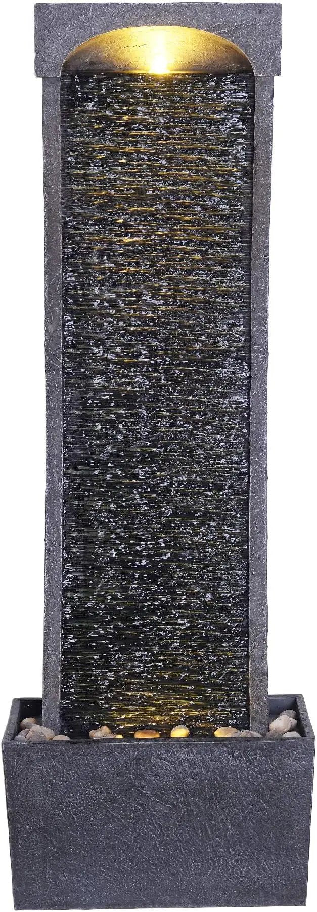 Teamson Home 38.58 in. Modern Curved Faux Slate Waterfall Fountain for Indoors or Outdoors with LED Light Accents and 1.98-Gallon Pump, Black and Stone Gray by GreenHaven Gardens