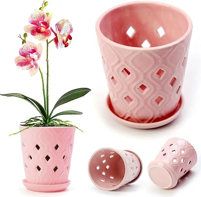 Whispering Winds Ceramic 5 x 6 Inch Orchid Pot with Holes & Saucer for Aeration and Drainage - Decorative Orchid Pots for Repotting, Prevent Over Watering & Root Rot (Cavern Pink) by GreenHaven Gardens