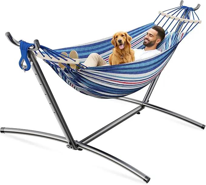 Double Hammock, Heavy Duty Portable, 500 lb Weight Capacity, Perfect for Both Indoors and Outdoors, 2 Person Hammock with Carrying Bag, Fine Blue by GreenHaven Gardens