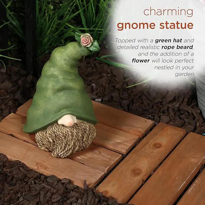 Alpine Corporation QWR1440 Gnome Head with Sculpted Rope Beard and Flower on Hat, Playful Décor for Garden & Patio, 10" H, Green by GreenHaven Gardens