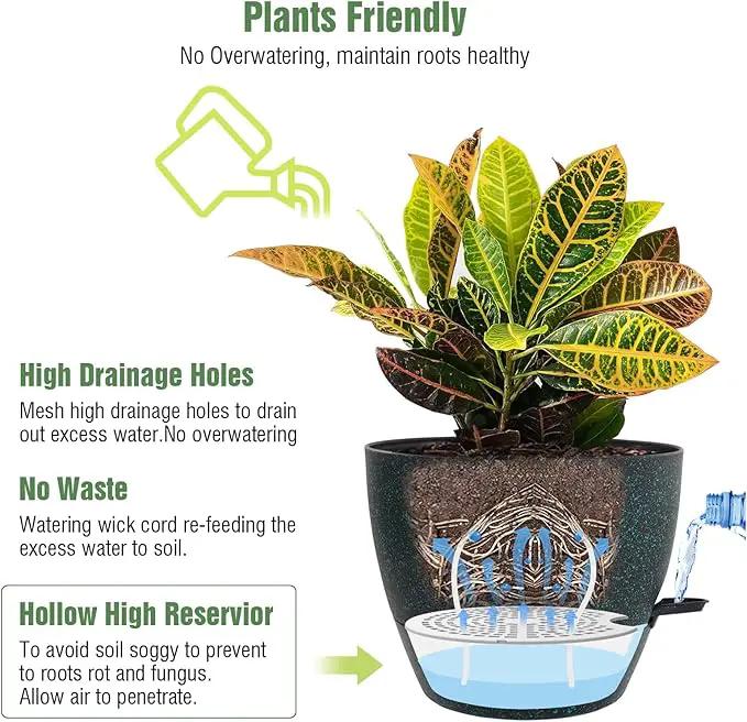 10/9/8 inch Self Watering Pots, Set of 3 Plastic Planters with Mesh Drainage Holes and Deep Reservoir for Indoor Outdoor Garden Plants and Flowers, Black with Green Speckles by GreenHaven Gardens
