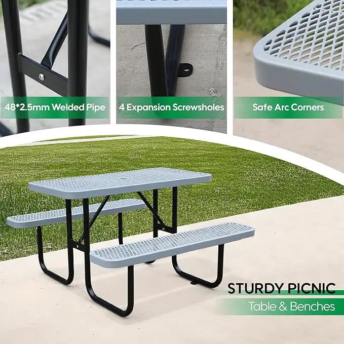 6FT Metal Picnic Tables for Outdoors, Commercial Rectangular Picnic Table and Bench Set for Outside, Patio, Garden, Backyard, Porch, Surface Mount, Grey by GreenHaven Gardens