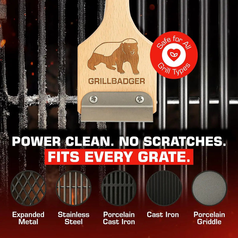 Natural Grill Brush Non Metal Bristles - Durable Non Metal Grill Brush Outdoor Grills Wooden Handle BBQ Cleaning Non-Wire High Temp Cleaner for Cast Iron Grates Safer Scrubber Tools by GRILLBADGER by GreenHaven Gardens