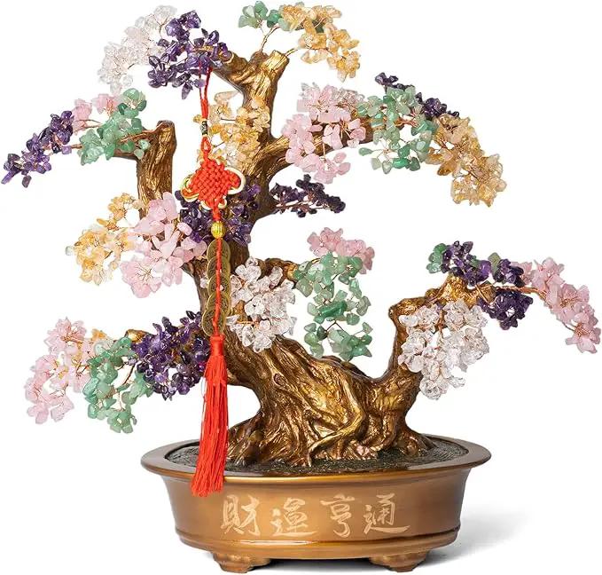 Natural Chakra Gemstone Crystal Bonsai Tree of Life（1,350 Gemstone Count） Large Feng Shui Money Tree for Luck and Wealth Desk Decoration 20 Inches by GreenHaven Gardens