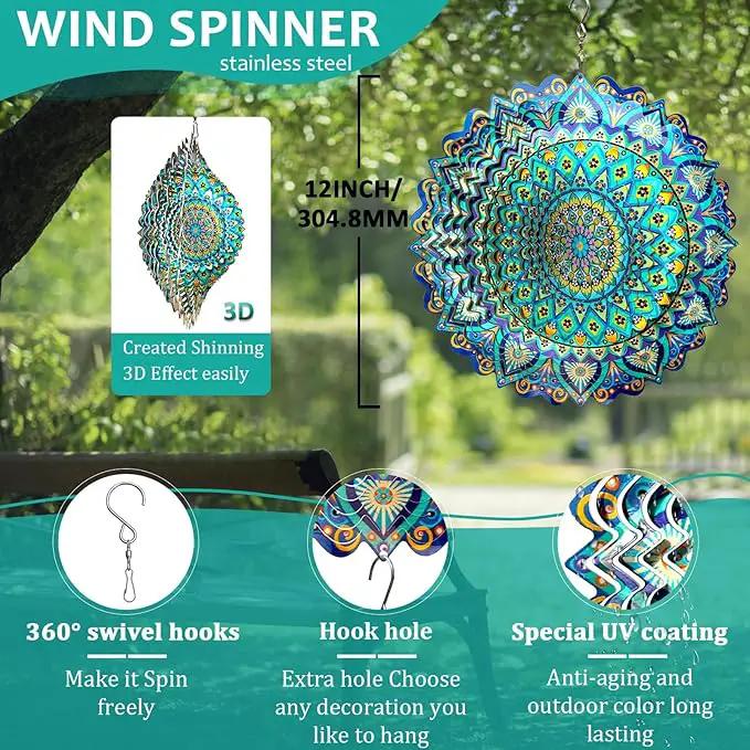 Wind Spinner Mandala Peacock Blue Ocean,Wind Spinner for Yard and Garden,Gifts for Women Mom Grandma Wife Father,12Inch 3D Kinetic Yard Art Decorations Outdoor&Indoor Christmas Decor by GreenHaven Gardens