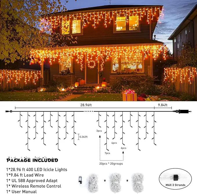 JMEXSUSS Orange Lights for Thanksgiving, 400 LED Orange Icicle Lights Outdoor, 8 Modes Orange Lights with 80 Drops Thanksgiving String Lights Plug in for Fireplace Indoor House Roof Outdoor Holiday by GreenHaven Gardens