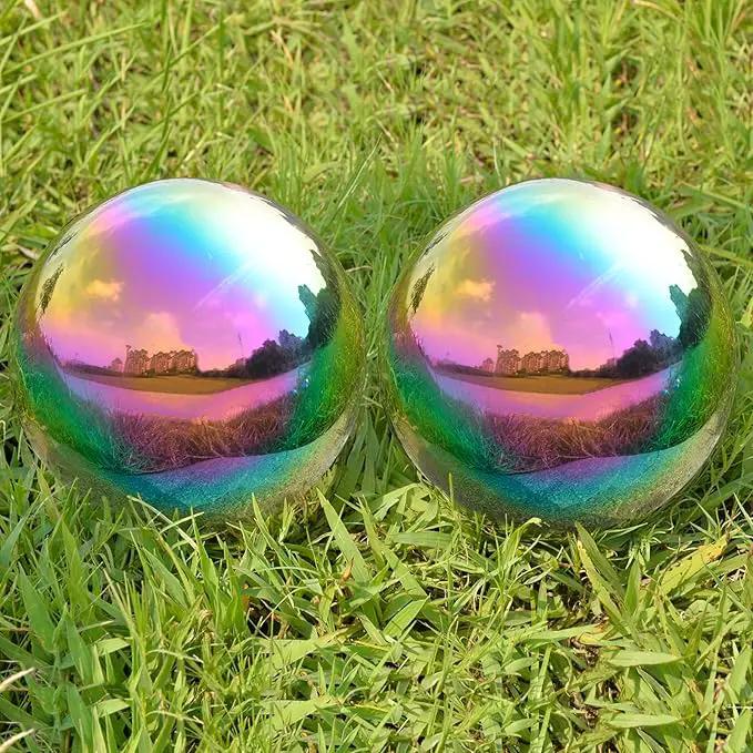 Nerien Gazing Ball, 3.9" Stainless Steel Garden Mirror Globe, Polished Ornament Sphere, Hollow Floating Reflective Hemisphere, Home Outdoor Pond Housewarming Swimming Pool Decoration, Rainbow, 2pcs by GreenHaven Gardens
