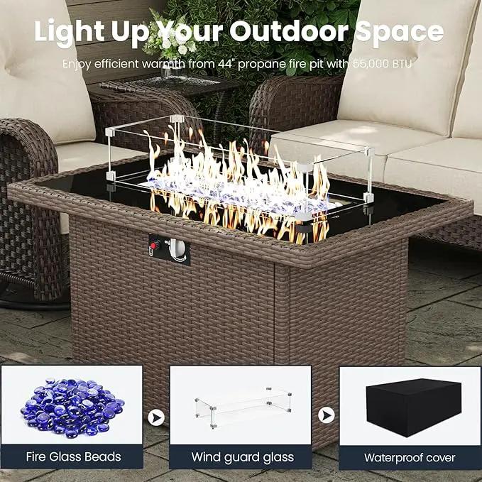 5 Pieces Outdoor Patio Furniture Sets with Rocking Swivel Chairs with 6-inch Thick Cushion and Fire Pit Table for Deck Lawn by GreenHaven Gardens