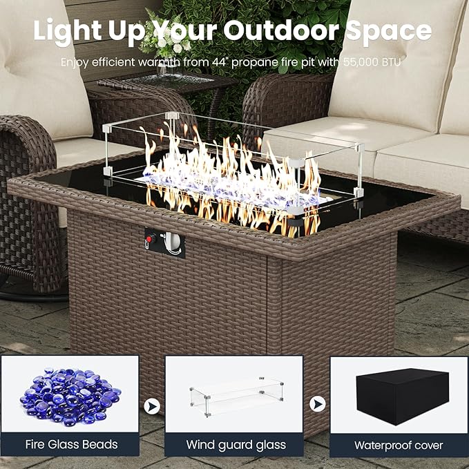 7 Pieces Outdoor Patio Furniture Sets with Single Chairs with 6-inch Thick Cushion and Fire Pit Table for Deck Lawn by GreenHaven Gardens