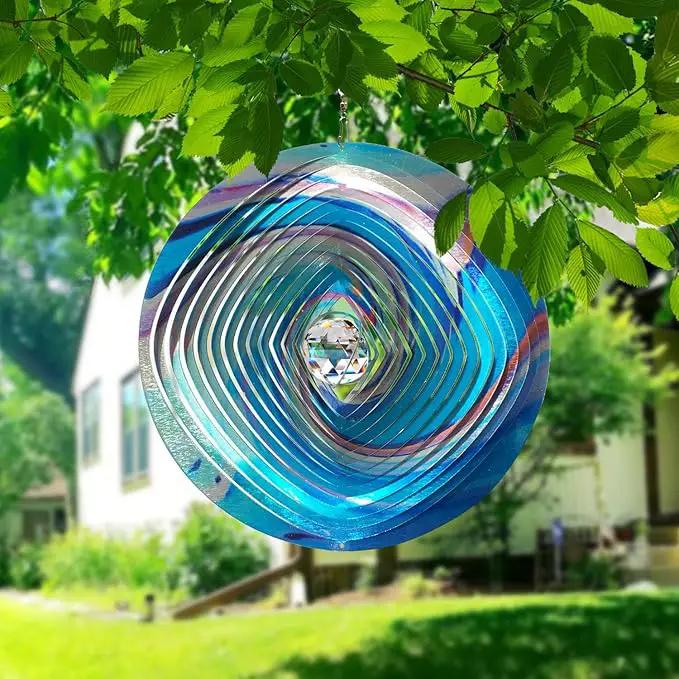 FONMY Mandala Wind Spinner w/Crystal Ball 3D Stainless Steel Hanging Wind Spinner Worth Gift Christmas Decoration Indoor/Outdoor Garden Décor Kinetic Yard Art 12 Inches Multi Blue Wind Sculpture by GreenHaven Gardens