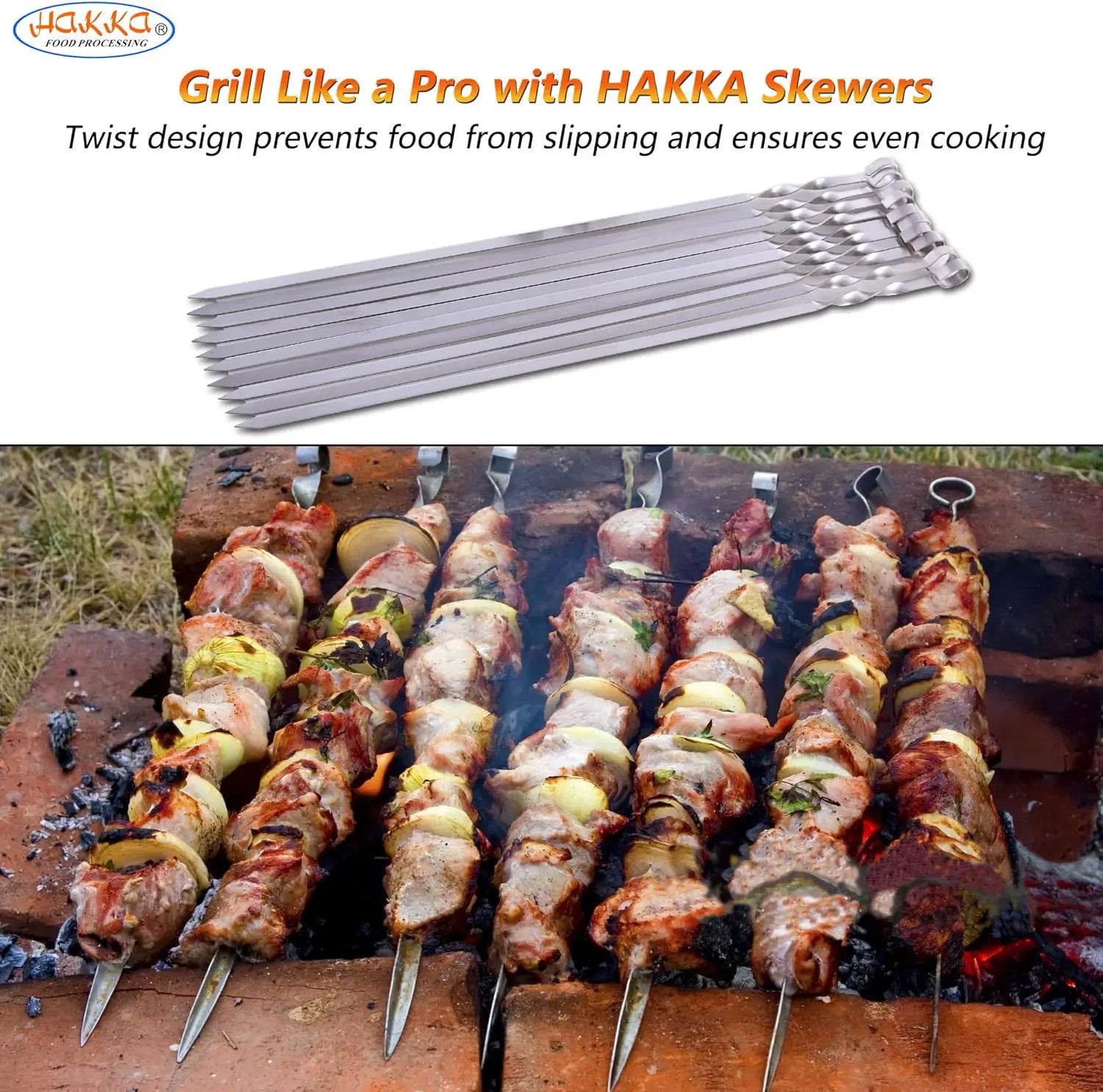 Hakka Stainless Steel Barbecue Skewers, 23" Heavy Duty Metal Skewers Large Wide Grilling Reusable Kabob Sticks with NonSlip Ring Handle,Set of 10 by GreenHaven Gardens