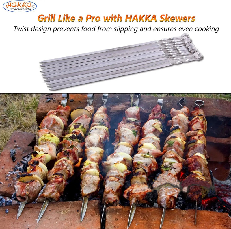 Hakka Stainless Steel Barbecue Skewers, 23" Heavy Duty Metal Skewers Large Wide Grilling Reusable Kabob Sticks with NonSlip Ring Handle,Set of 10 by GreenHaven Gardens