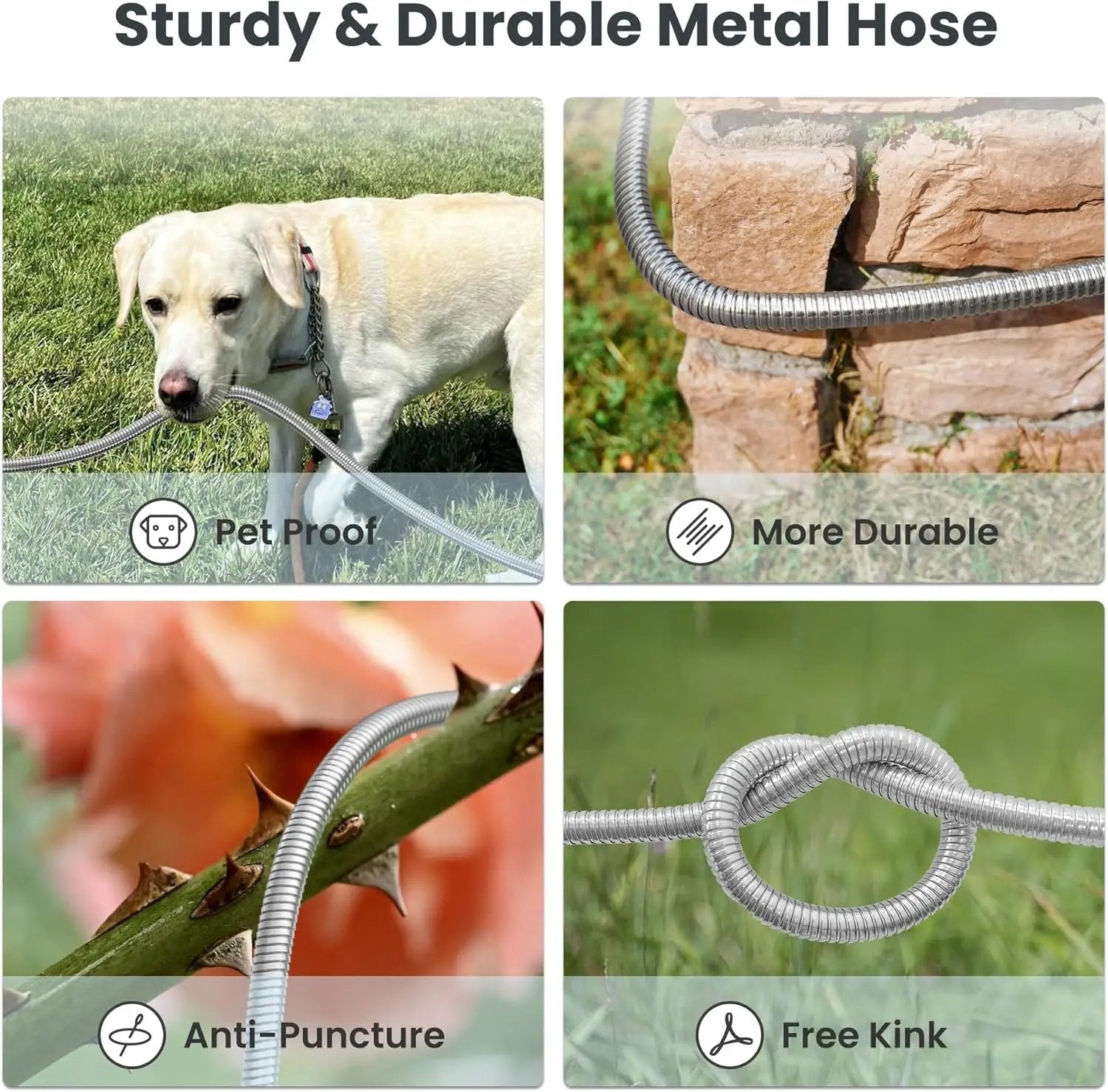 Girafe Tools Garden Hose 100ft x 5/8", 304 Stainless Steel Metal Water Hose, No Kink Garden Water Hose with 9 Pattern Spray Nozzle, Flexible, Lightweight, Kink Free Hose for Yard, Outdoor by GreenHaven Gardens