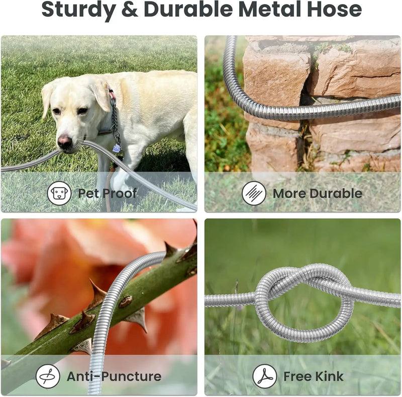 Giraffe Tools Garden Hose 50ft x 5/8", 304 Stainless Steel Metal Water Hose, No Kink Garden Water Hose with 9 Pattern Spray Nozzle, Flexible, Lightweight, Kink Free Hose for Yard, Outdoor by GreenHaven Gardens