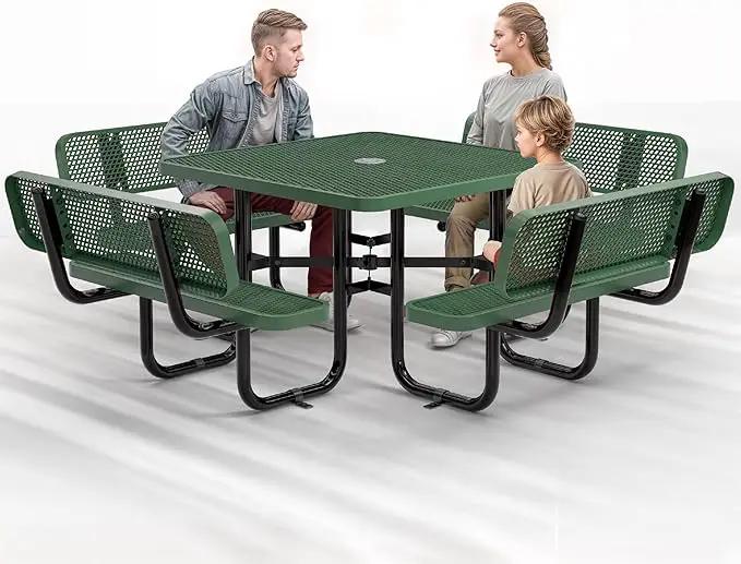 Metal Picnic Tables for Outdoors with Umbrella Hole - Coated Steel Heavy Duty Commercial Grade Table with Adjustable Seats (Green, 46 in, Square with Back, Expanded Steel) by GreenHaven Gardens