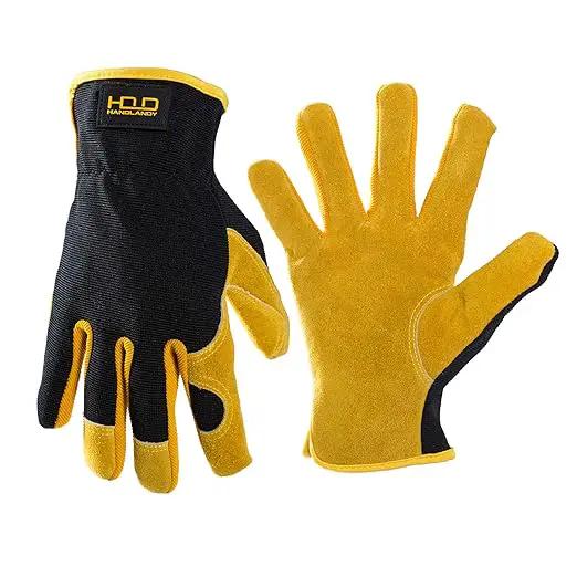 HLDD HANDLANDY Garden Gloves Men, Leather Work Gloves for Men & Women, Cowhide Gardening Gloves Utility Work Gloves for Mechanics, Construction, Driver (M, Yellow) by GreenHaven Gardens