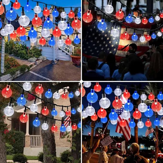 LORRYTE 2-Pack Red White and Blue Crystal Globe Solar String Lights Outdoor, 64FT 100 LED Waterproof Patriotic Lights 8 Lighting Modes for Memory Day Independence Day 4th of July Christmas by GreenHaven Gardens
