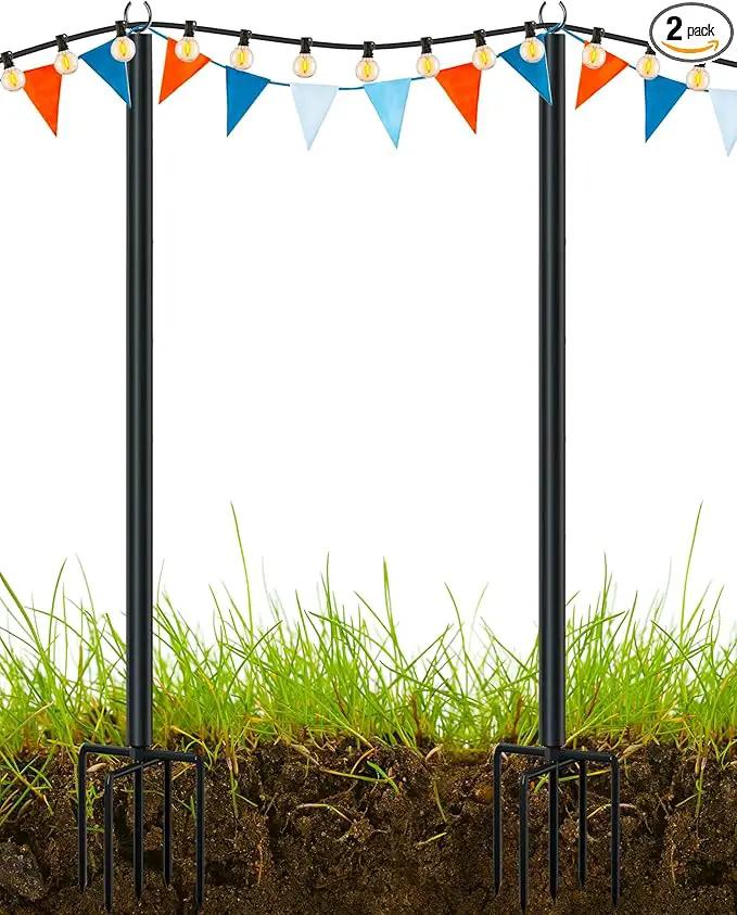 LAND·VOI Metal String Light Poles for Outside Hanging - Backyard, Garden, Patio, 2 Pack Lighting Stand with Adjustable Height for Outdoor Parties, Wedding, Extra-Long 5-Prong Claws, (9.6FT) FLP02B by GreenHaven Gardens