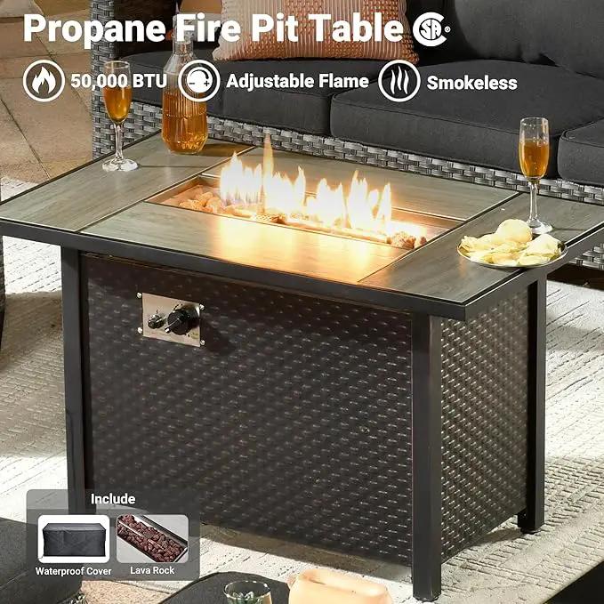 ovios 7 Pieces Patio Furniture Set with 42" Fire Pit Table, Outdoor Wicker Sofa with Swivel Chairs, All Weather High Back Rattan Couch Conversation Set, Black by GreenHaven Gardens