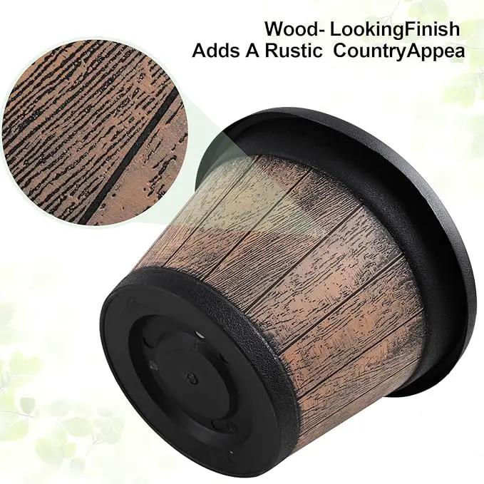 Quarut Large Plastic Plant Pots Set of 4 Pack13 inch,Whiskey Barrel Planters with Drainage Holes & Saucer.Flower Pots Imitation Wine Barrel Design for Indoor & Outdoor Garden Balcony Plants (Brown) by GreenHaven Gardens