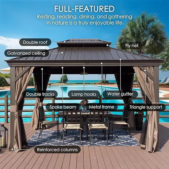 Kozyard Alexander 12' X 20' Permanent Aluminum Hardtop Gazebo with Galvanized Steel Double Roof Canopy, Curtain and Netting or Patio, Backyard, Deck, Lawn (Brown) by GreenHaven Gardens