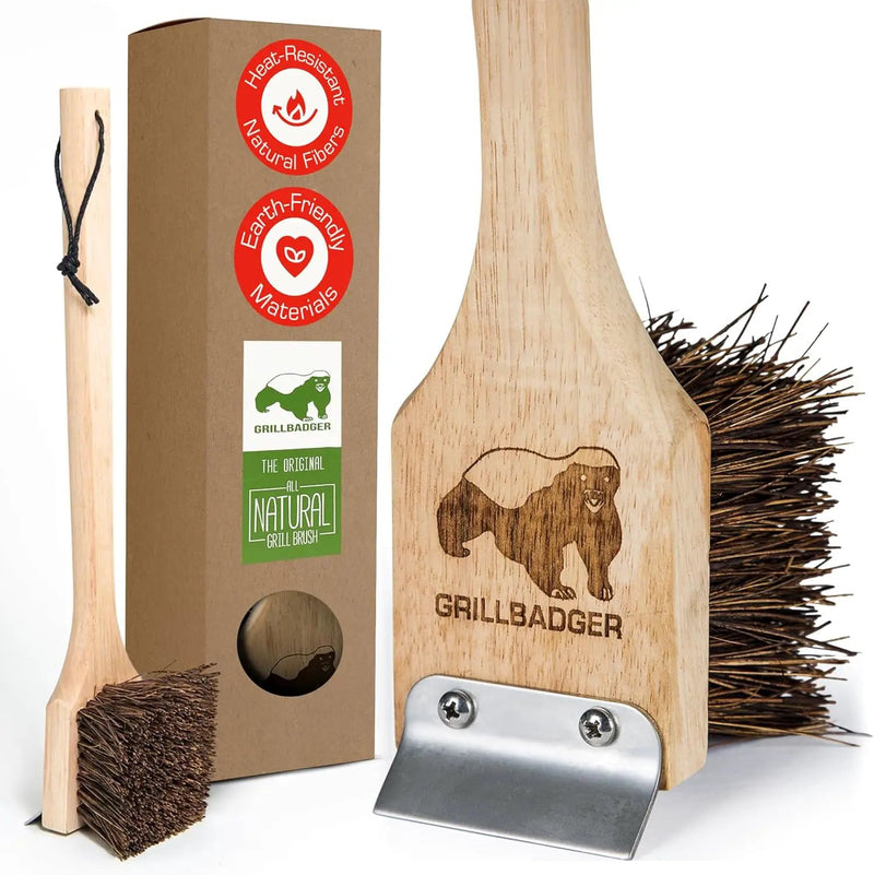Natural Grill Brush Non Metal Bristles - Durable Non Metal Grill Brush Outdoor Grills Wooden Handle BBQ Cleaning Non-Wire High Temp Cleaner for Cast Iron Grates Safer Scrubber Tools by GRILLBADGER by GreenHaven Gardens