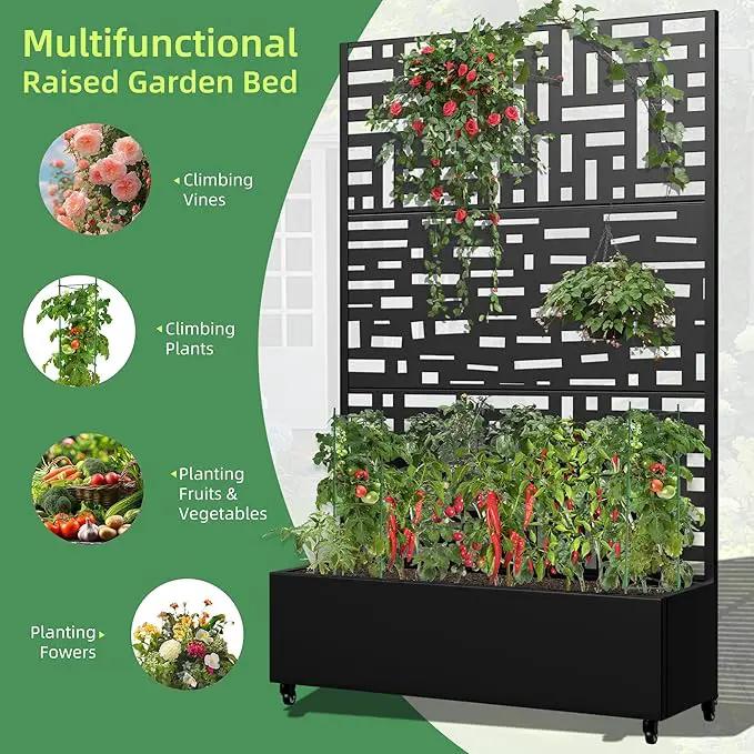 Casaphoria Metal Raised Garden Bed with Trellis and Wheels, 72"x47"x16" Planter Box for Climbing Plants, Vegetables & Vines, Features Drainage Holes and Privacy Screen, Black(Helen&Gerald) by GreenHaven Gardens