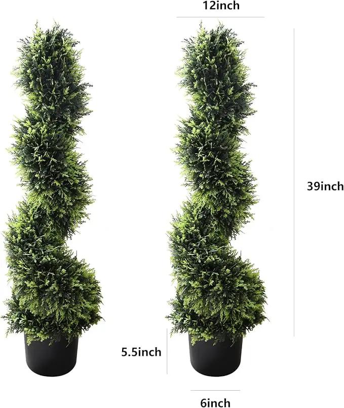 39 inchBoxwood Artificial Cedar Spiral Topiary Trees – Decorative Fake Greenery in Planter Pots for Front Porch, Outdoor Walkway, Entryway Decorating, Set of 2 by GreenHaven Gardens