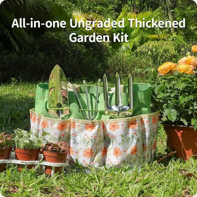 Gardening Tools 10-Piece Heavy Duty Stainless Steel Hand Tools with Durable Garden Tools Storage Tote,Rust-Proof Garden Tool Set, Ideal Gardening Gifts for Women Yellow Floral Pattern Design by GreenHaven Gardens