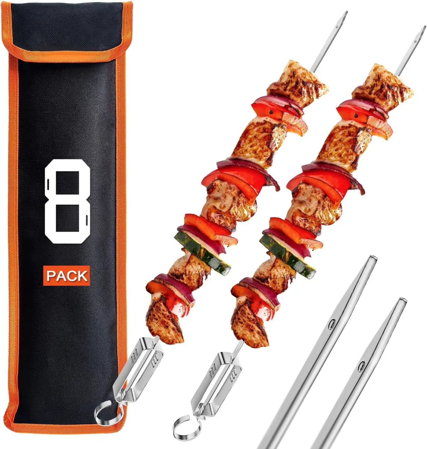 ESOW Metal BBQ Skewers for Grilling-16.83" Long Flat Kebab Sticks with Push Bar, Stainless Steel 304 Shish Kabob Skewers for Camping, Set of 8 with Bag by GreenHaven Gardens