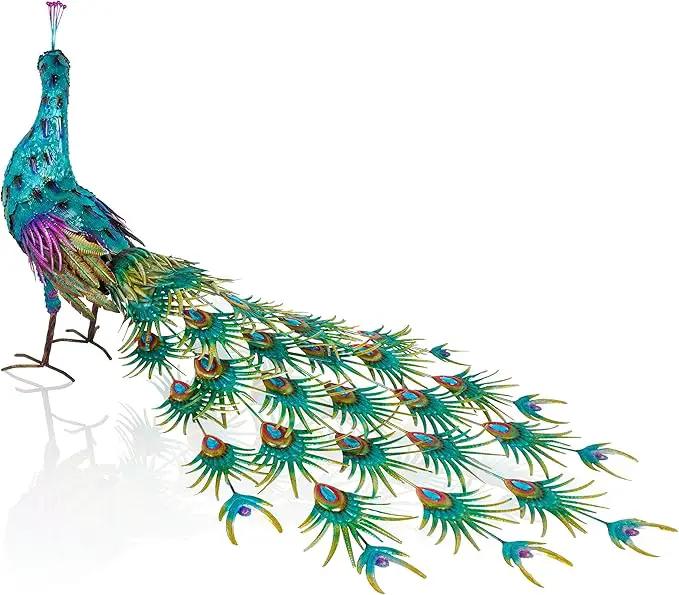 Alpine Corporation HEH378 Metal Jumbo Sized Majestic Peacock Decor, Elegant Garden & Patio Bird Statue, 33" H, Blue by GreenHaven Gardens