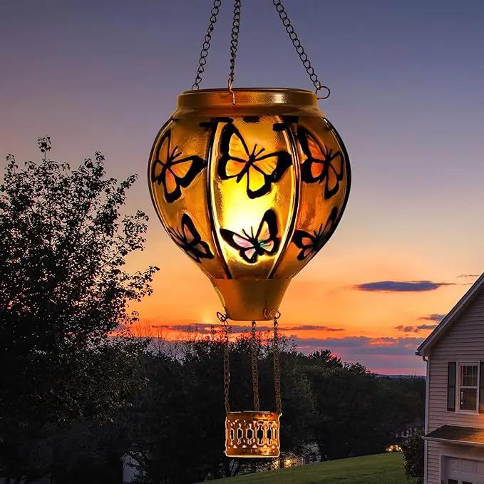 pearlstar Hot Air Balloon Solar Lantern with Flickering Flame Light Outdoor Solar Hanging Lights Waterproof for Garden Yard Farmhouse Patio Pathway Outside Decoration,Glass(Butterfly) by GreenHaven Gardens