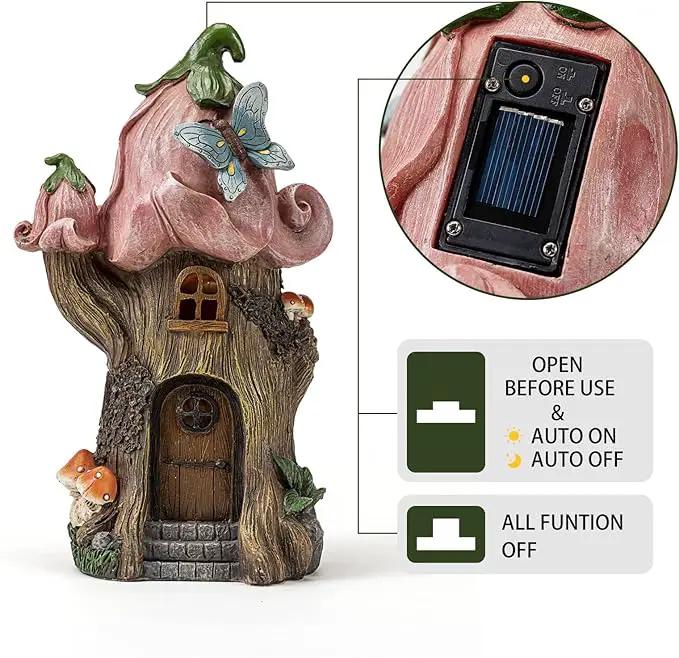 Fairy Garden Accessories Outdoor Statues, Mushroom House Decor,Large Gnome Solar Powered Lights Sculptures,Pink Resin Figurine Butterfly Figurines Lawn Ornaments for Patio Yard Decorations 11Inch by GreenHaven Gardens