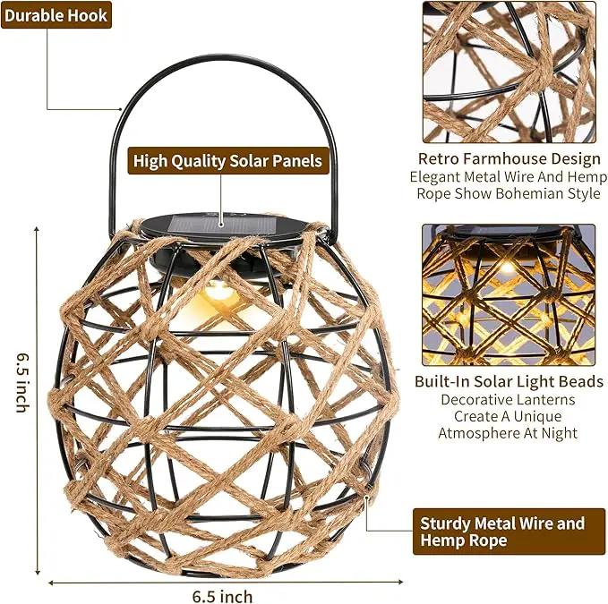 HPC Decor 2 PK Solar Lanterns-Outdoor Waterproof, Hemp Rope, Hanging Outdoor, Round Lamp Boho Decor for Garden, Yard, Patio, Porch, Pathway. by GreenHaven Gardens