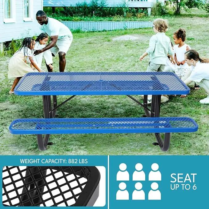 6 ft. Rectangular Outdoor Steel Picnic Table with Umbrella Pole, Heavy-Duty Weather-Resistant Dining Table for Patio, Backyard, and Garden, Rust-Resistant Finish, Blue by GreenHaven Gardens