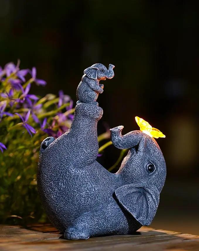 Mommy & Baby Elephant Garden Statue with Solar Butterfly Lights - Perfect Elephant Decor & Ornament for Women, Housewarming Gifts and as Garden Decorations by GreenHaven Gardens