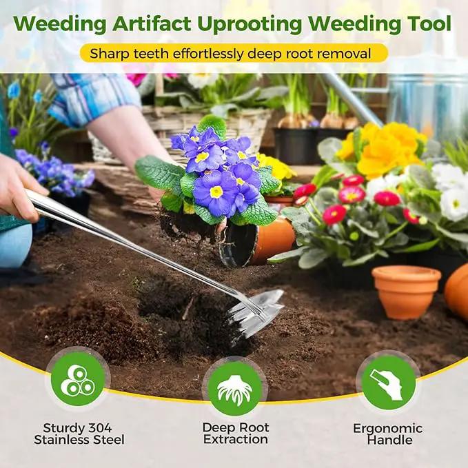 2025 Upgraded Weed Puller Tool,Portable Garden Weed Rake Uprooting Weeding Tool with Handle,4 Tooth Manganese Steel Manual Weeder Remover Tool for Gardening Backyard Farm Planting & Weeding by GreenHaven Gardens