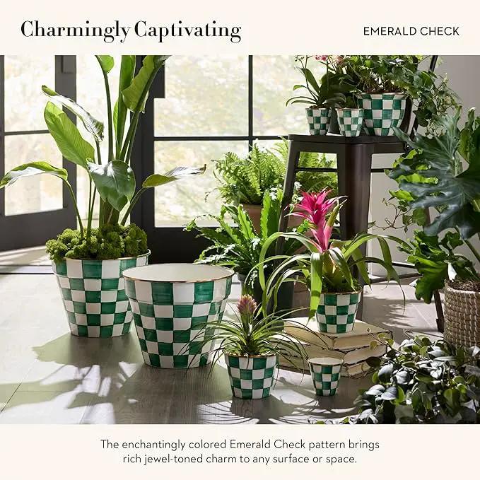 MACKENZIE-CHILDS Enamel Garden Pot, Decorative Pot for Plants, Outdoor Flowerpot Decor, Extra Large, Green-and-White Emerald Check by GreenHaven Gardens