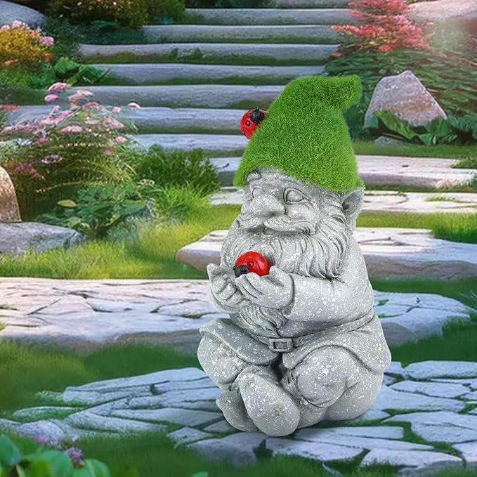 Solar Gnomes Garden Statues, Outdoor Lighted Gnome with Ladybugs Garden Decor Waterproof Figurines for Patio Porch Balcony Yard Lawn Lantern, Yard Art Decorations Gifts for Garden Patio Lawn by GreenHaven Gardens