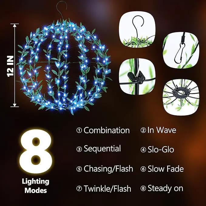 Flacchi Hanging Iron Sphere Lights with Artificial Greenery – 12Inch 120 LED Waterproof Outdoor/Indoor Decor Ball Light with Timer & 8 Modes – 2 Pack for Garden, Christmas, Weddings (Blue) by GreenHaven Gardens