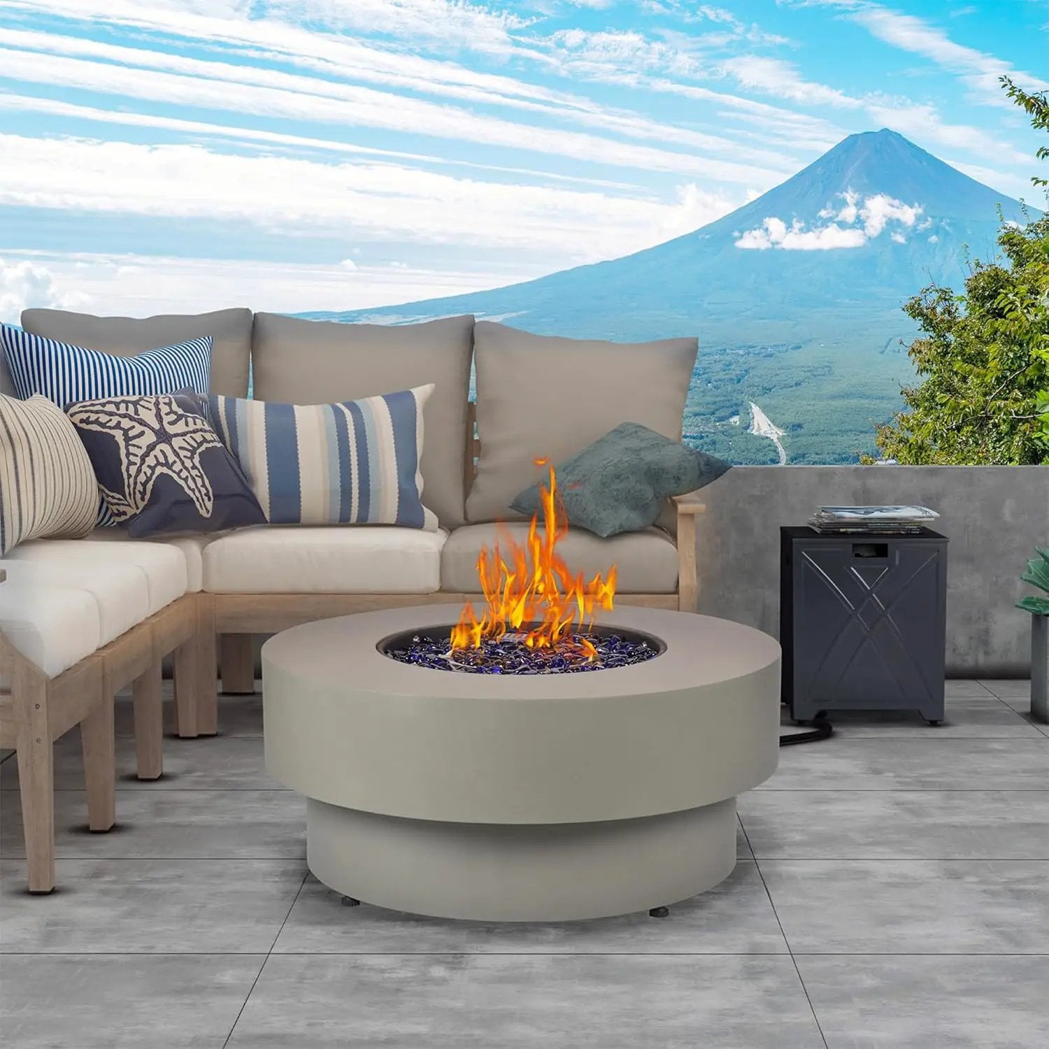 32.5-inch Outdoor Gas Fire Pit with 20lb Propane Tank Cover Table, 50,000BTU Propane Gas Fire Pits for Outside Patio w/Round Burner Lid, Glass Rocks, Pre-Attached 10ft External Gas Hose by GreenHaven Gardens