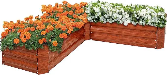 Sunnydaze 11.75" H Raised Metal Garden Bed - Galvanized Raised Garden Bed Outdoor for Vegetables and Flowers - Woodgrain - L-Shaped by GreenHaven Gardens