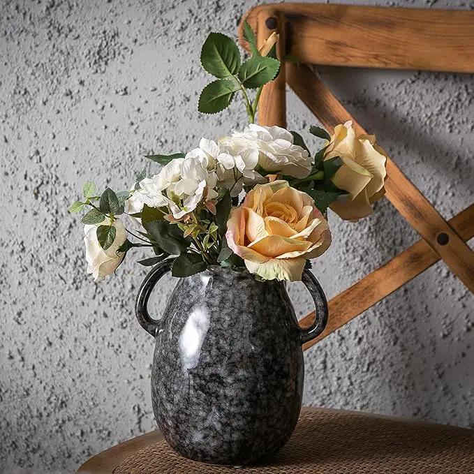 Ceramic Modern Farmhouse Vase with 2 Handles, Black Ceramic Vases for Home Decor, Rustic Pottery Vase, Decorative Terracotta Flower Vase, Boho Clay Vase for Table Living Room Shelf Mantel Decor by GreenHaven Gardens
