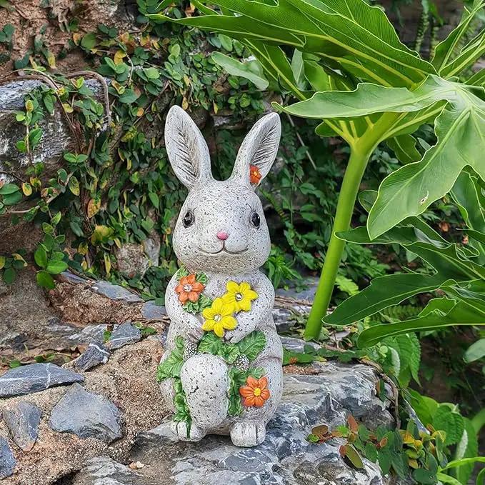 Solar Easter Rabbit Statue - Rock-Like Design with Flower Lamp Beads Woman Gifts Resin Easter Bunny Sculpture for Indoor and Outdoor Statue Decor, Garden Decoration by GreenHaven Gardens