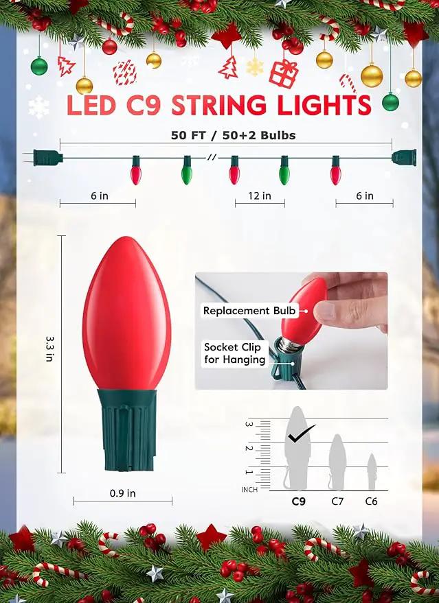 Vintage C9 LED Christmas Lights Outdoor, 50 Feet C9 String Lights with 50 Shatterproof Matte Bulbs, Connectable Waterproof Lights for Holiday Party Roofline Backyard Garden Patio, Red & Green by GreenHaven Gardens