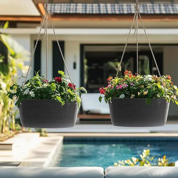La Jolie Maison Large Hanging Planters - 12 Inch Outdoor Flower Pots, Hanging Garden Planters Set of 2, Black Charcoal by GreenHaven Gardens