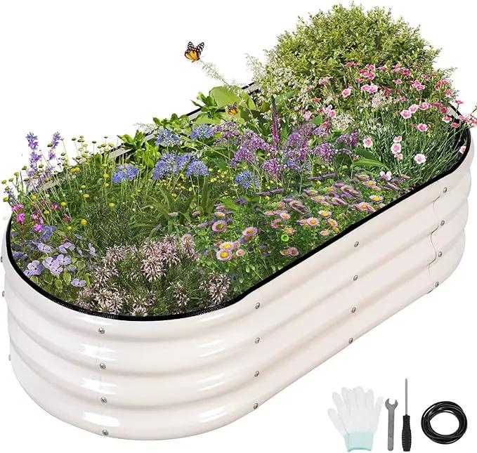 Galvanized Raised Garden Bed - 4x2x1FT Metal Planter Boxes Outdoor | Oval Steel Raised Bed Kit for Gardening with Protective Tape, Gloves for Vegetables, Flower, Herb (White) by GreenHaven Gardens