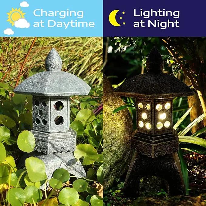Pagoda Lantern Garden Statue with Solar Lotus Lights, Large Resin Japanese Temple Pagoda Lamp Asian Zen Outdoor Yard Decor for Landscape Patio Porch Lawn Decorations, Christmas Ornament Gift by GreenHaven Gardens