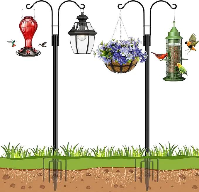 Ottsuls Bird Feeder Pole, 2 Pack 60 INCH Double Shepherds Hooks for Outdoor, Garden Pole with 5 Base Prongs Heavy Duty Planter Hooks for Hanging Plant Baskets, Lantern, Hummingbird Feeder by GreenHaven Gardens